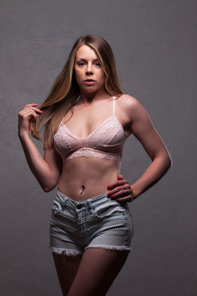 Glamour portrait Bianca Brunson Jean Shorts Bra Girl Next Door