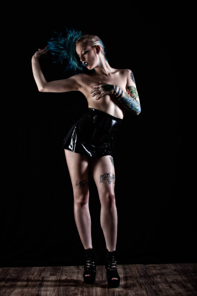 dark-art-alternative-portrait-black-latex-skirt-blue-haired