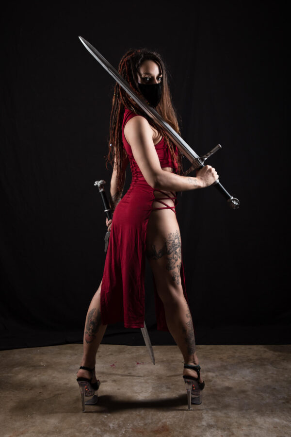 danielle-helton-maroon-dress-swords-heels-oklahoma-city