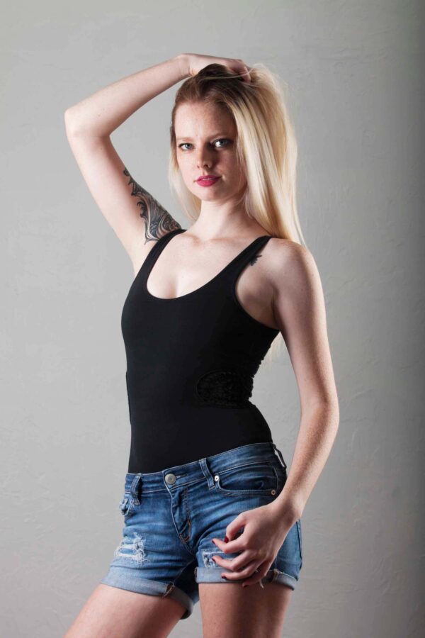 karli-mcghee-jean-shorts-black-body-suit-portrait-photo-session-norman-ok