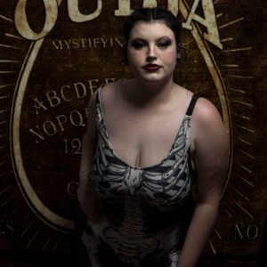 Jessica Allen bones in front outfit dark themed photo shoot Ardmore OK