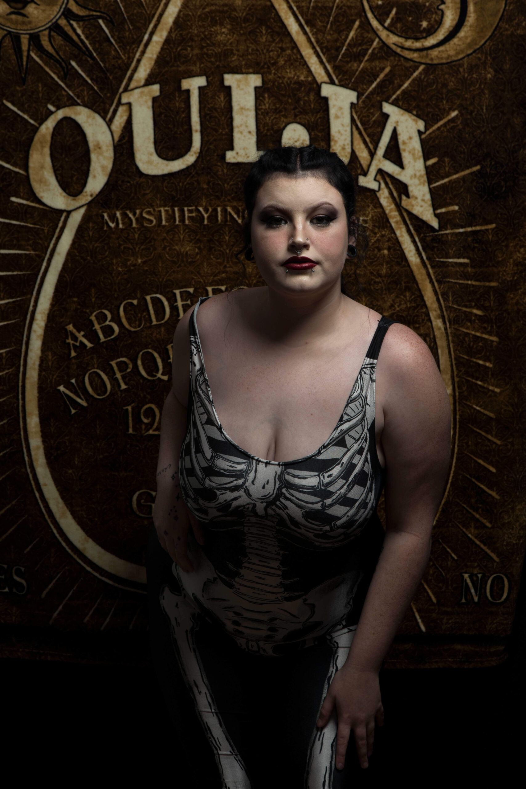 Jessica Allen bones in front outfit dark themed photo shoot Ardmore OK