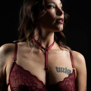 Gema Khaos maroon boudoir shoot Subtle Shades Photography