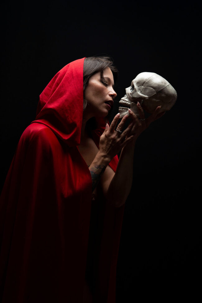 Gema Khaos red cloaked skull photography shoot Subtle Shades Photography
