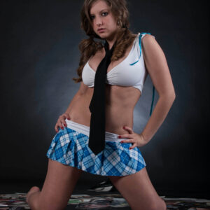 Gema Khaos student blue outfit and sexy boudoir shoot