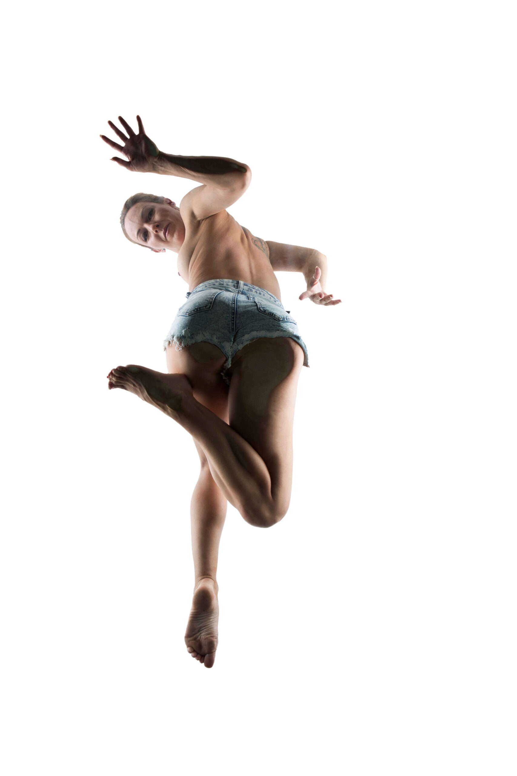Marie Brooks jean shorts seen from below shoot portrait session European model