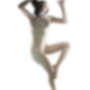 Hippy Researcher poses with raised arms and one leg lifted against a white background in a deliberately blurred, anonymous fine art nude photograph titled Unholy Ascension.