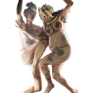 Nude models Maxi Soule and GreasyRose pose in a science fiction horror scene as Maxi wears an alien facehugger mask while GreasyRose holds a knife in an attempt to remove the creature.